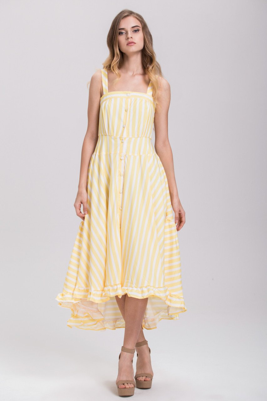 Rania Fawaz - Yellow Stripe Button Up Ruffled Summer Midi Dress
