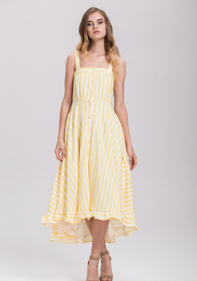 Rania Fawaz - Yellow Stripe Button Up Ruffled Summer Midi Dress