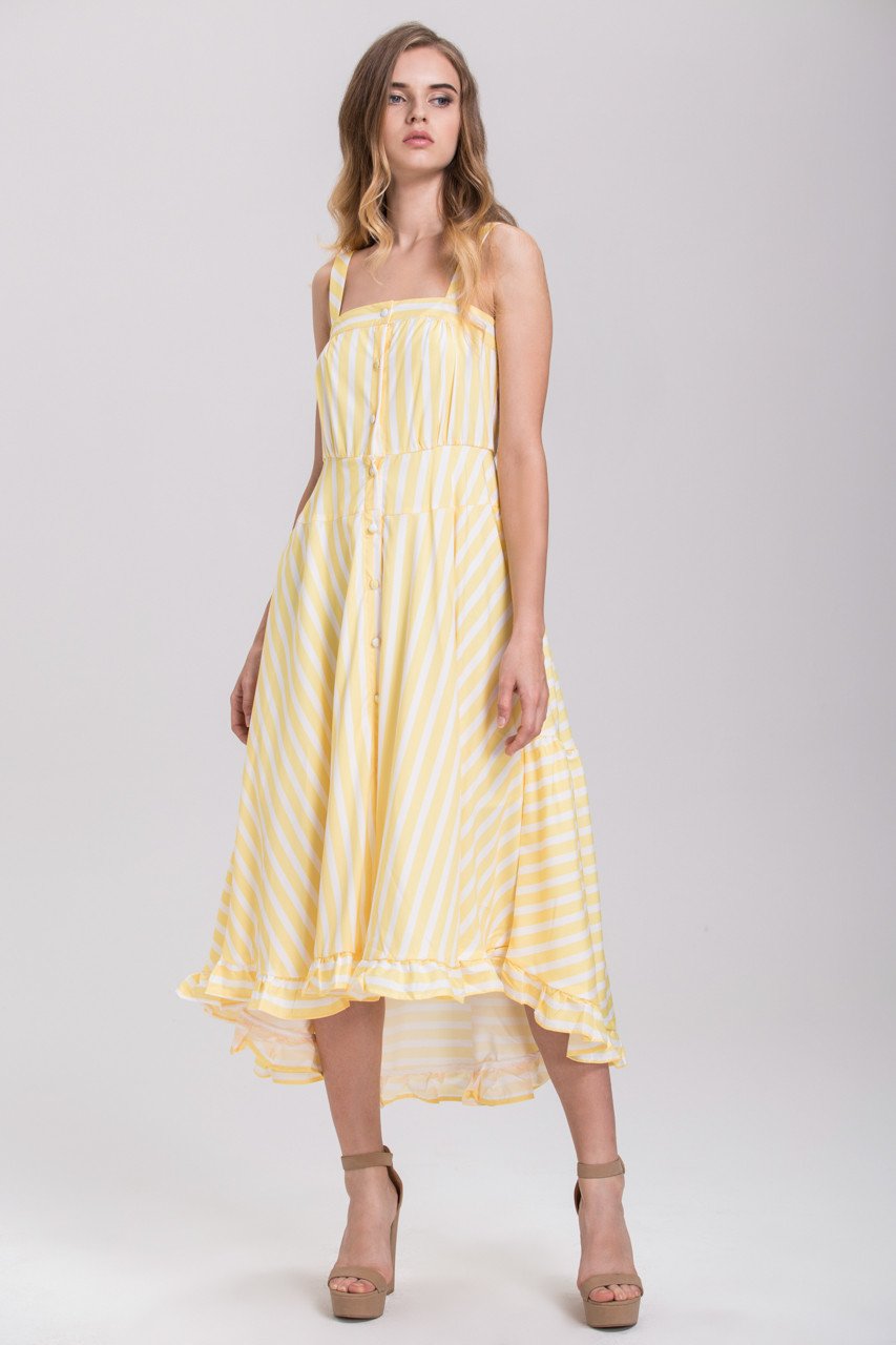 Rania Fawaz - Yellow Stripe Button Up Ruffled Summer Midi Dress