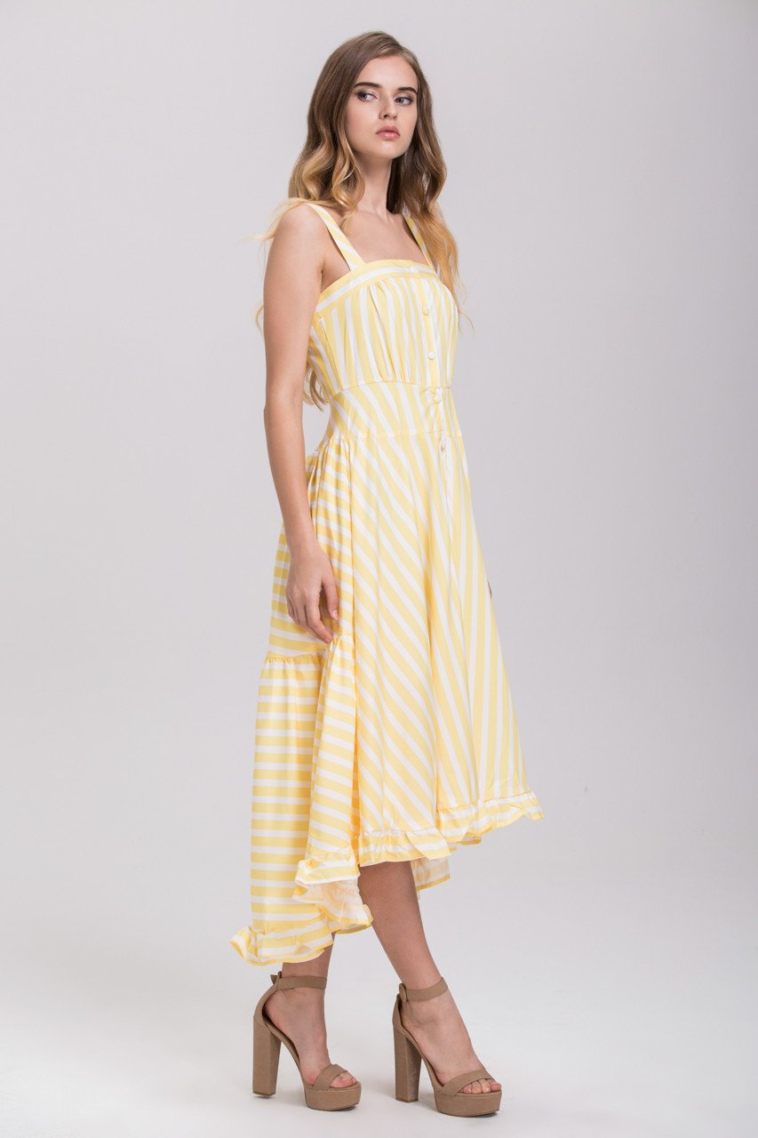 Rania Fawaz - Yellow Stripe Button Up Ruffled Summer Midi Dress