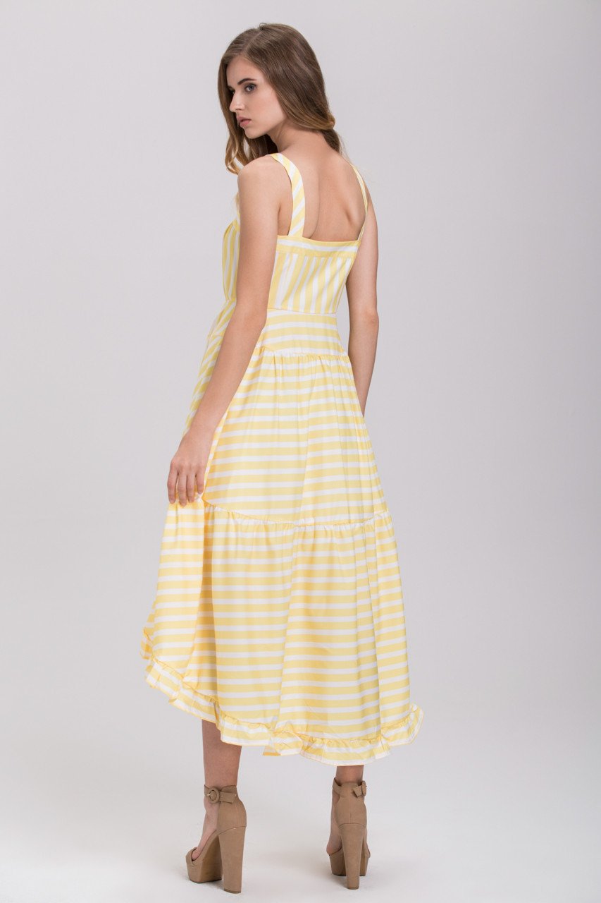 Rania Fawaz - Yellow Stripe Button Up Ruffled Summer Midi Dress