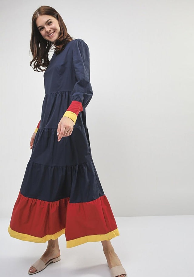 Blue and Yellow Cuff Long Sleeves Midi Dress
